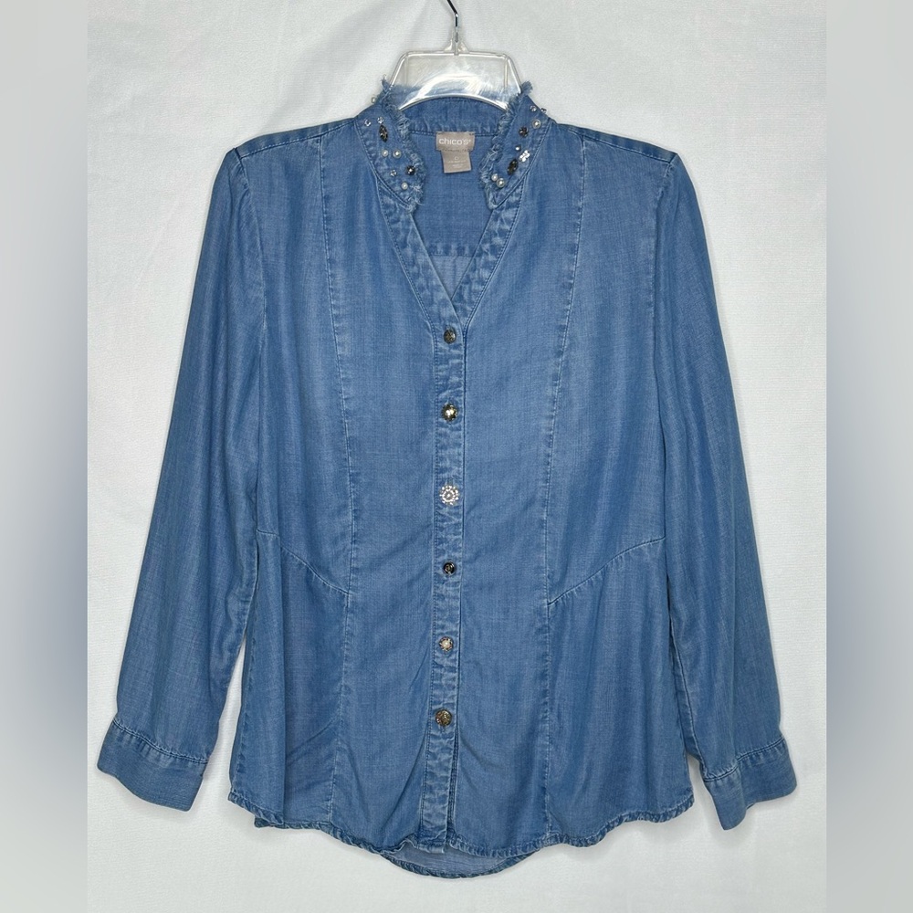 Chico’s Embellished Collar Denim Shirt Decorative Buttons Boho Festival Sz 0 (4)